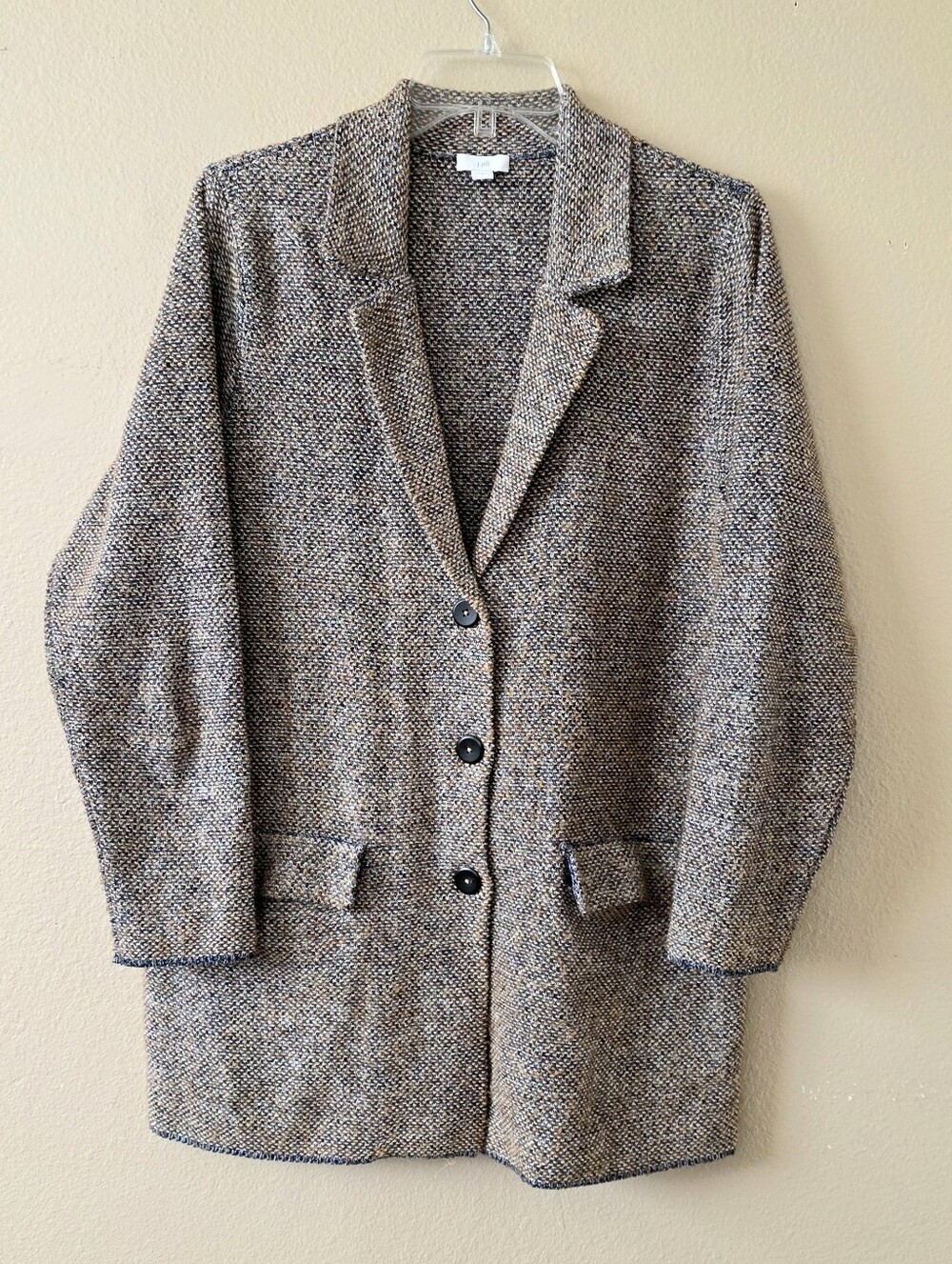 J. Jill Womens Brown Navy Longline Tweed Knit Triple Button Blazer - Size Medium